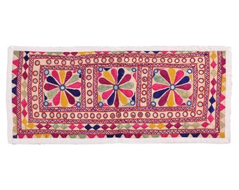 Vintage Gujarati Wall Decor Textiles Indian Cotton Hand Embroidered Boho Floral Tapestry Handmade Mirror Work Wall Hanging Wall Art Tapestry