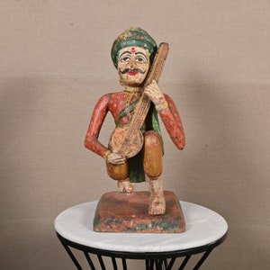 Indian wooden statue home decor gift item Man Figurines Hand Carved Painted Musical Statue Art  Collectibles Sculpture Vintage Wooden Statue