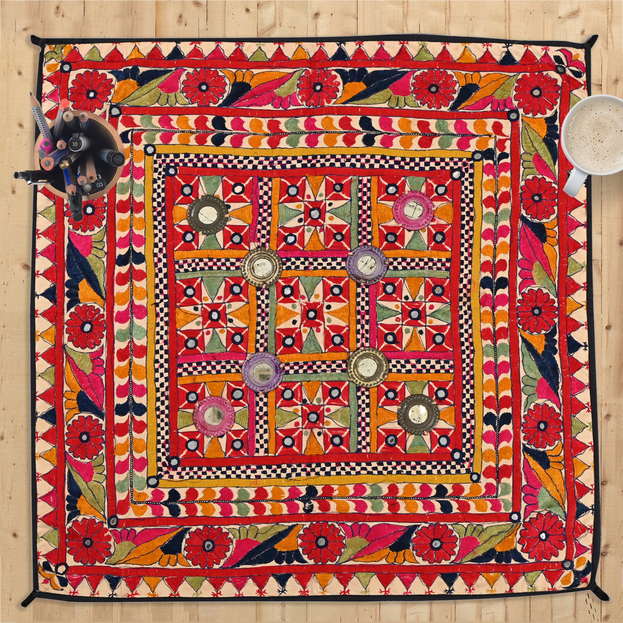 Indian Banjara Handmade Embroidery Wall Hanging, Mirror Silk