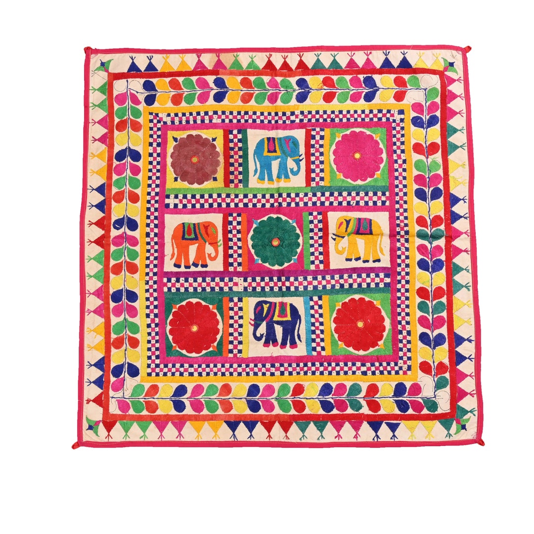 Vintage Gujarati Silk Embroidery Tapestry Antique Handmade Cotton Wall