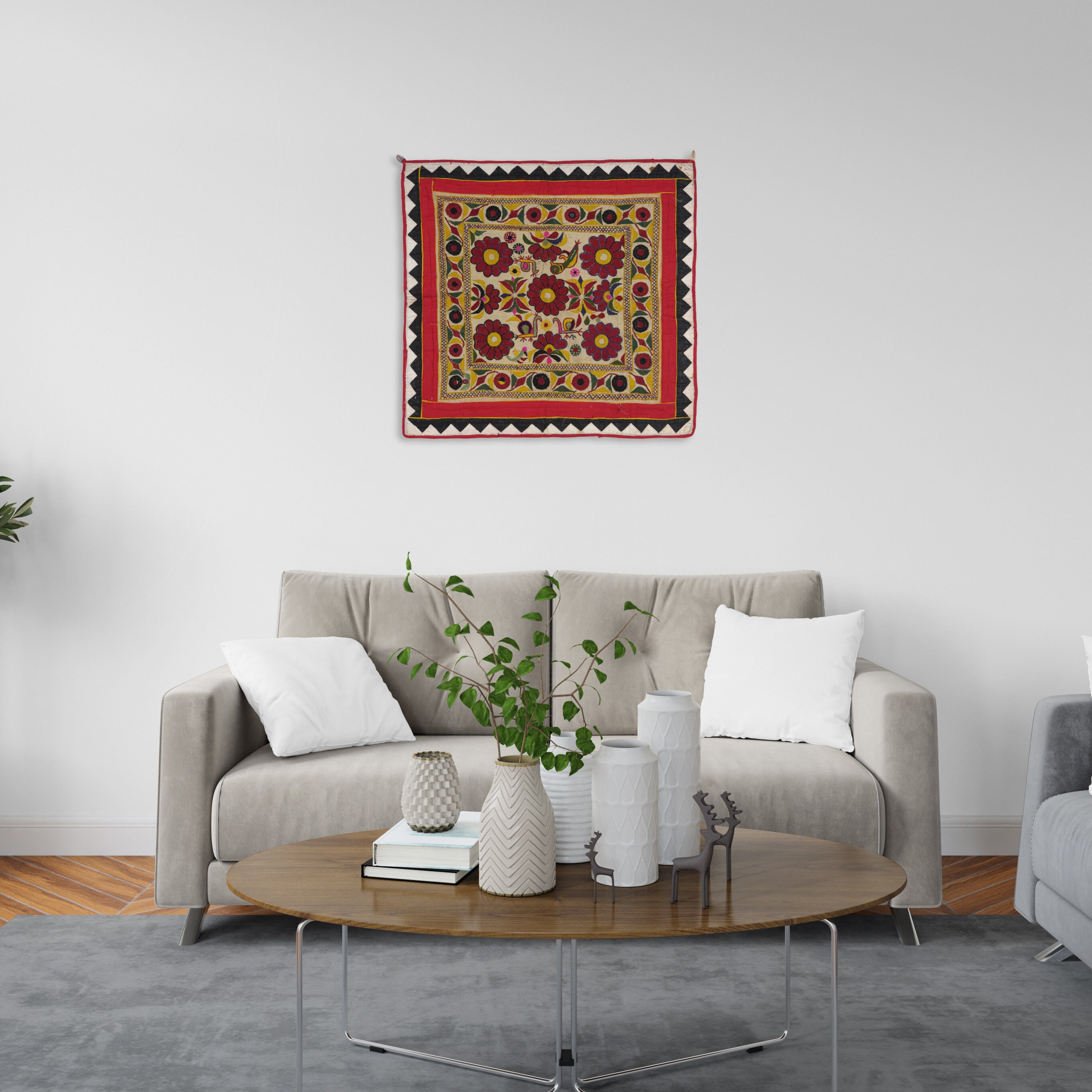 Grande Tapisserie Murale Indienne Patchwork Vintage - Broderie Main - 137x84 Cm (54x33 In)