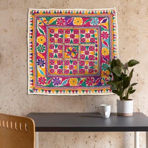 Hand embroidered tapestry wall art Gujrati wall hanging textile, Embroidered fabric art boho home decor, house warming gifts