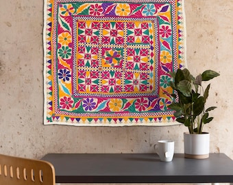 Hand embroidered tapestry wall art Gujrati wall hanging textile, Embroidered fabric art boho home decor, house warming gifts