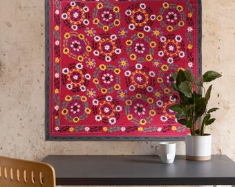 Suzani Vintage 7.9x7.6ft Wall Hanging Uzbekistan tapestry Afghanistan Textile Traditional old Hand embroidered Wall art Cotton Tapestry Gift