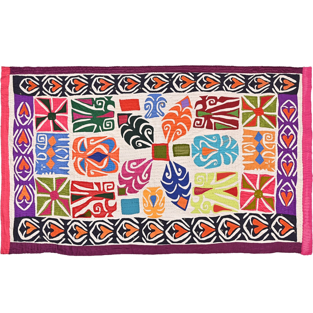 Vintage Hand Embroidered Wall Hanging Textile, Gujrati Cotton Tapestry Table Runner Bed Cover