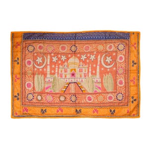 Vintage Taj Mahal Design Gujarati Hand Embroidered Textile Traditional Handmade Wall Hanging Cotton Indian Textile Tapestry Wall Decor Gift
