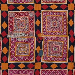 Indian Hand Embroidered Wall hanging textile, 40-50 Year old Hand made Home decor Tapestry, 4.3x4.6 Feet rear collection Of Gujarati textile