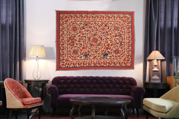 インドアンティークミラーワーク刺繍タペストリー インドアンティークミラーワーク刺繍タペストリー インド アンティーク