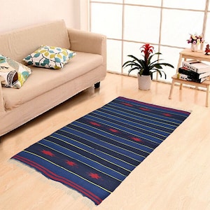 Modern Handmade Cotton Area Rug Flat Weave Natural Vegetable Dyed Rug Indian Dhurrie Reversible Wall Tapestry Scandinavian Rug