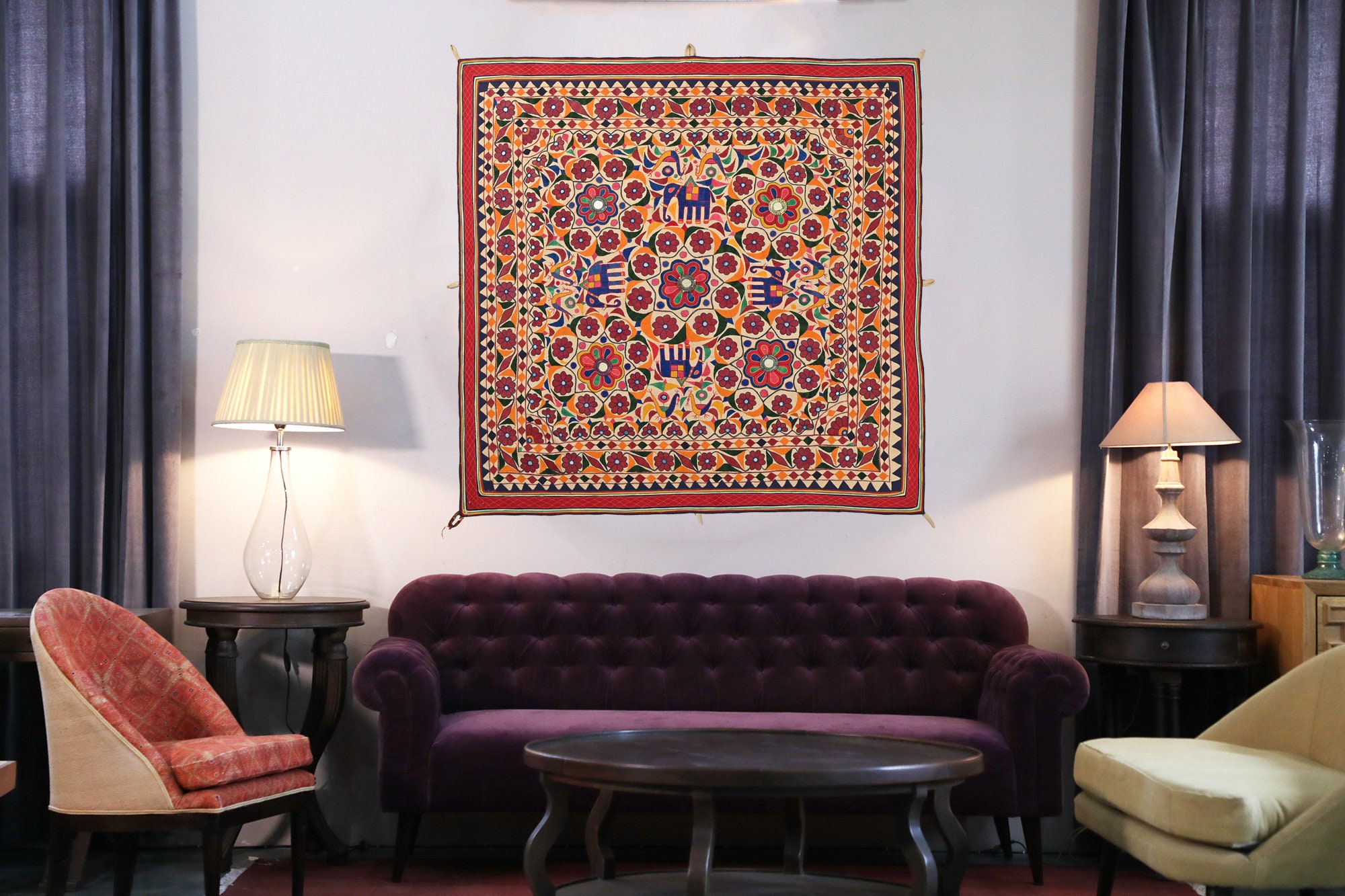 Vintage Flower Embroidered Mirror Work Tapestry Antique Indian Gujarati