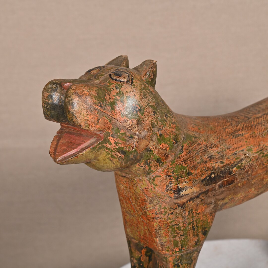 Vintage Indian Hand Carved Wooden Tiger Figurine Asian Animal Statue