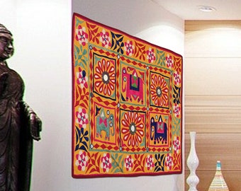 インド ハンドメイド タペストリー ヴィンテージインドのタペストリー：手刺繍の花柄デザイン、56 x 19