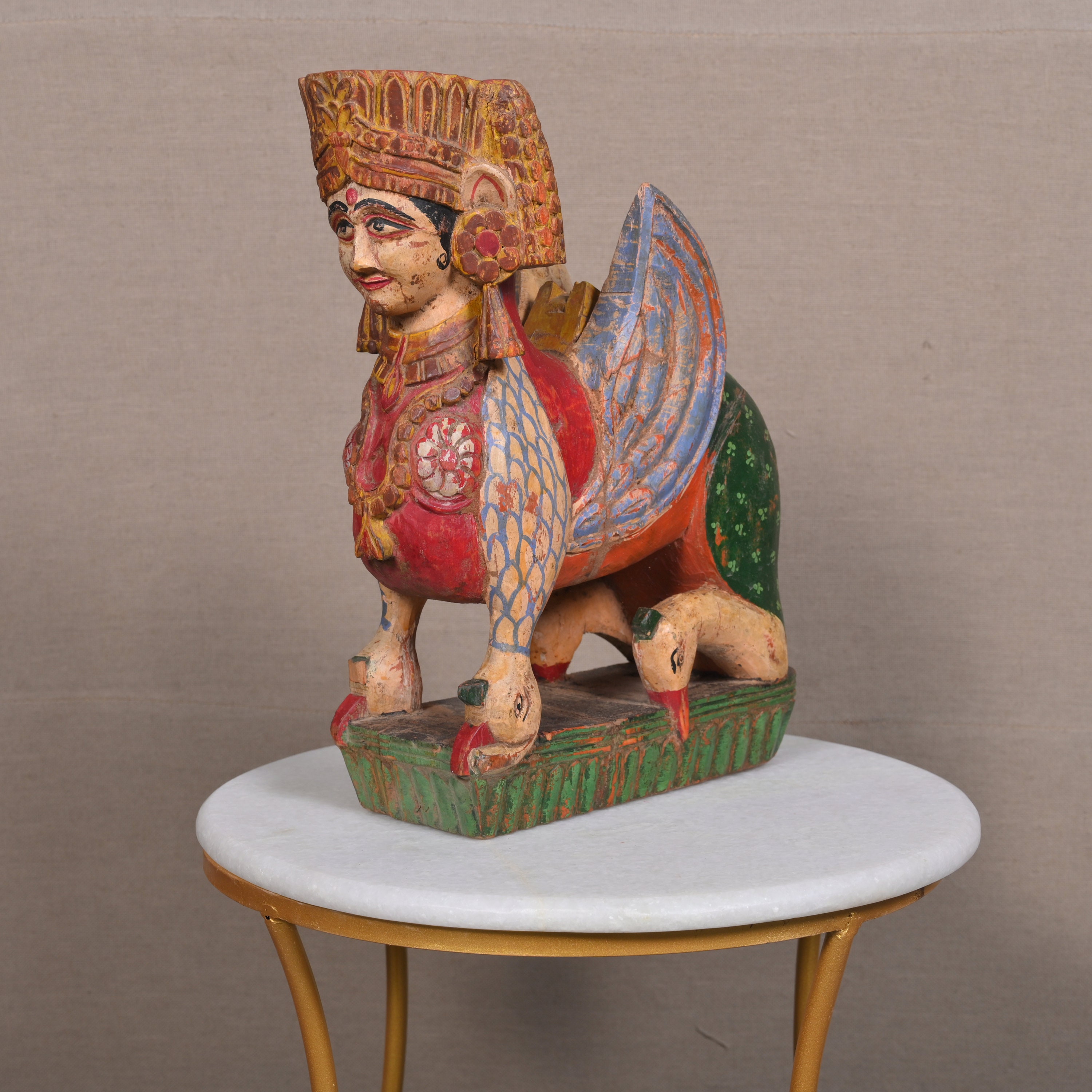 インドの天使像 ヴィンテージ木製 手描き 翼のある天使の置物 天使の