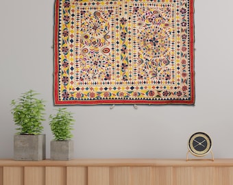 Vintage Indian Wall Art Textile Cotton Hand embroidered tapestry Curtain Traditional Gujarati Boho Art Home Decor gift Handmade Collectable