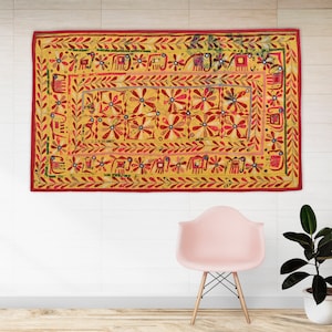 Tapestry Vintage Indian Yellow Wall Hanging Decor Art Antique Tribal Tapestry Textile, Mirror Silk Thread work Embroidery Wall Art Decor