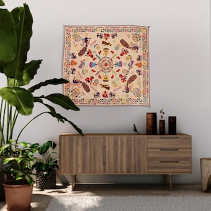 Embroidered Gujarati Handmade Antique Indian Textile Banjara Vintage Tribal Tapestry Mirror Silk Thread work 40-50 years old home decor art