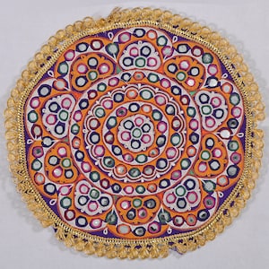 Hand embroidered Circular wall hanging, Vintage Cotton tapestry textile, Hand made Gujrati textile, Home furniture Living room Tapestry