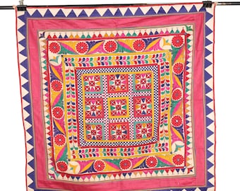 Handmade Indian Wall Tapestry Vintage Embroidery Textile, Vintage Wall Art Floral motifs Gujarati, Boho Festival Home Decor wall hanging