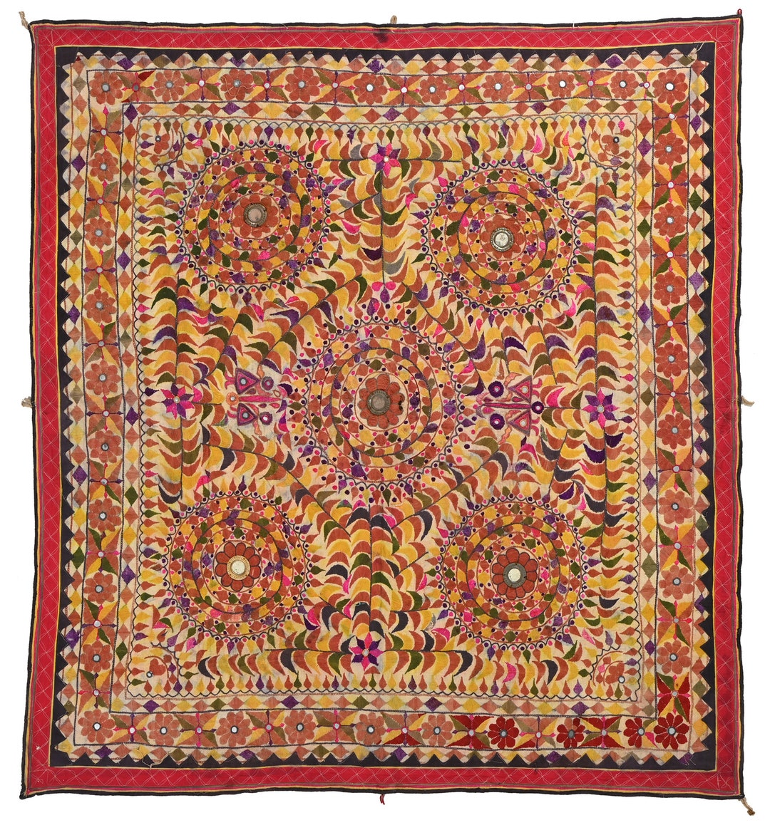 Vintage Hand Embroidered Mirror Work Tapestry Gujarati Textile Home