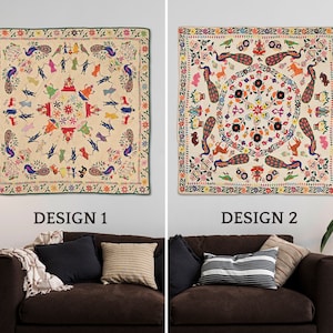 Wall Hanging, 40-50 Year old Hand Embroidered Gujrati Tapestry, Floral and peacock motifs Hand Made Textile living room decor art