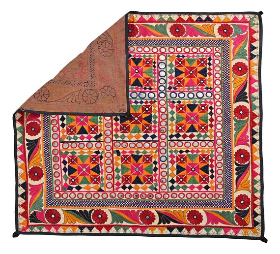 thumbnail image 2 of Indian Handmade Embroidered Cotton Wall Hanging Tapestry - Yellow Patchwork, 60"x18" 2 of 4