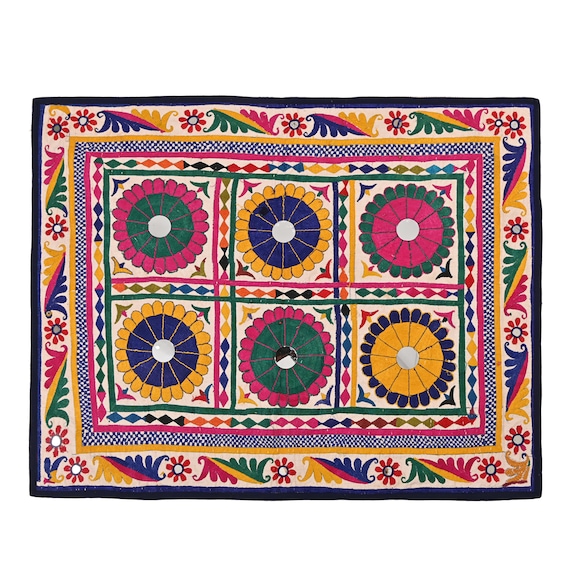 Tenture Murale Indienne Gujarati - Textile Boho Banjara - 100% Coton - 1,3 X 1,3 Pieds