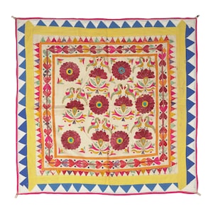 Vintage Handmade Cotton Wall Hanging Floral motifs Gujarati Hand Embroidered Wall ArtTraditional Indian Textile Tapestry Home Decor Gift