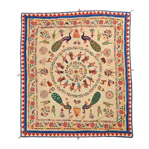 Indian Tribal Hand Embroidered Tapestry Vintage Floral and Peacock Design with Dancing People Wall Hanging Gujarati Textile 5.7*6.6 Ft