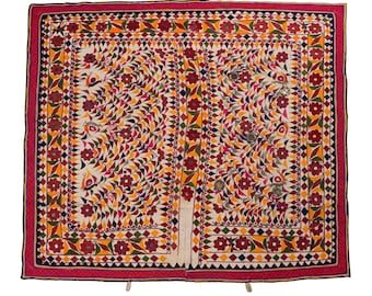 Vintage Gujarati Hand Embroidered Tapestry Floral Motif Handmade Cotton Wall Hanging Art Traditional Indian Textile Tapestry Home Decor Gift
