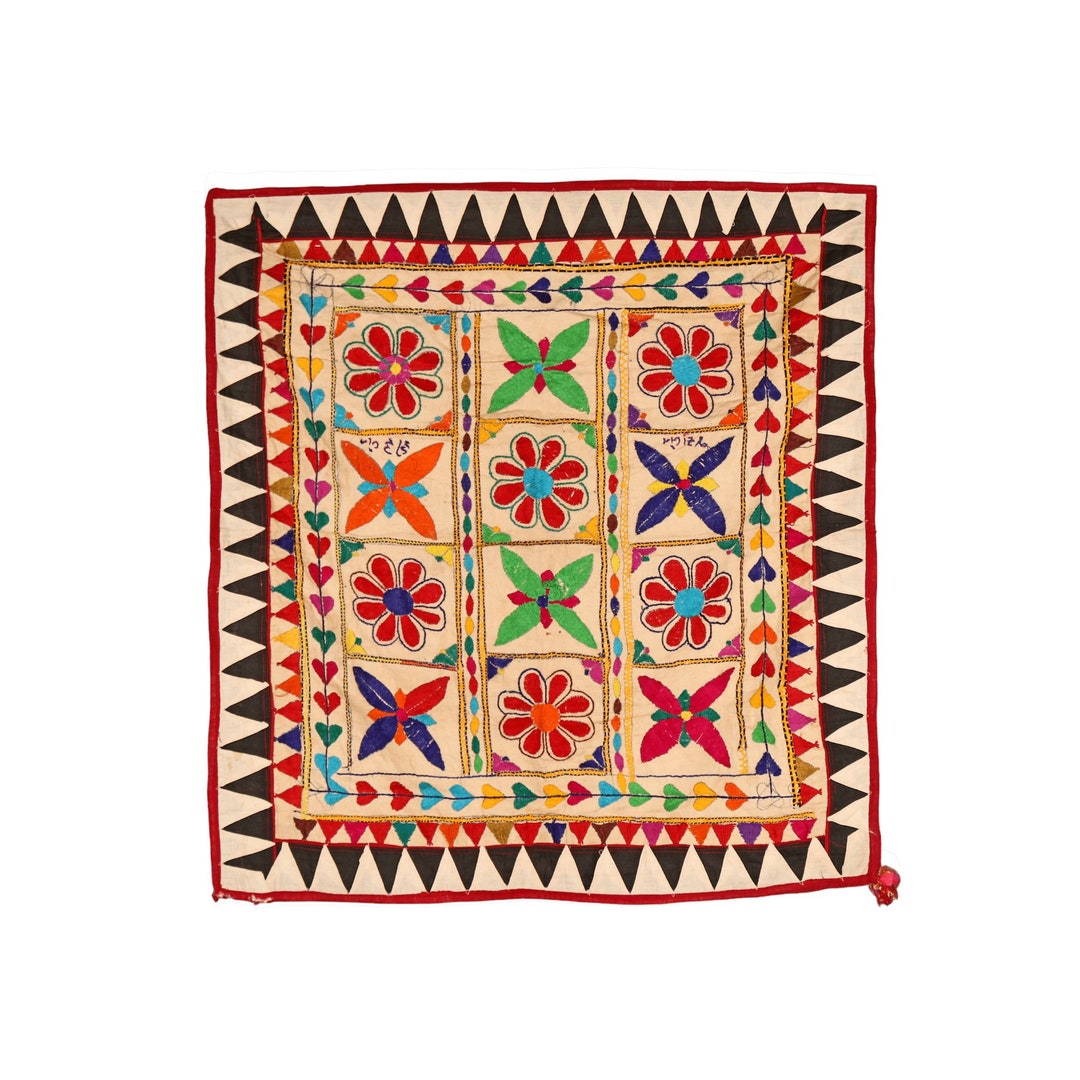 Vintage Floral Motifs Gujarati Hand Embroidered Textile Traditional