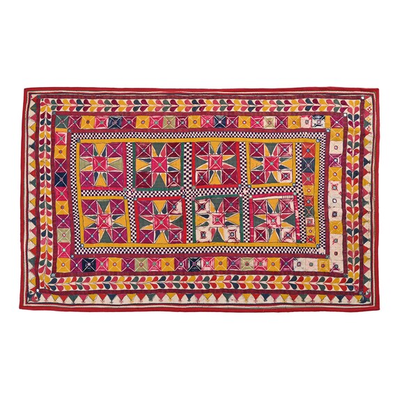 Suspension Murale Rectangulaire Patchwork Indien Kutchi - Vintage, Motif Tribal Multicolore, 58 X 39 1/2 Pouces