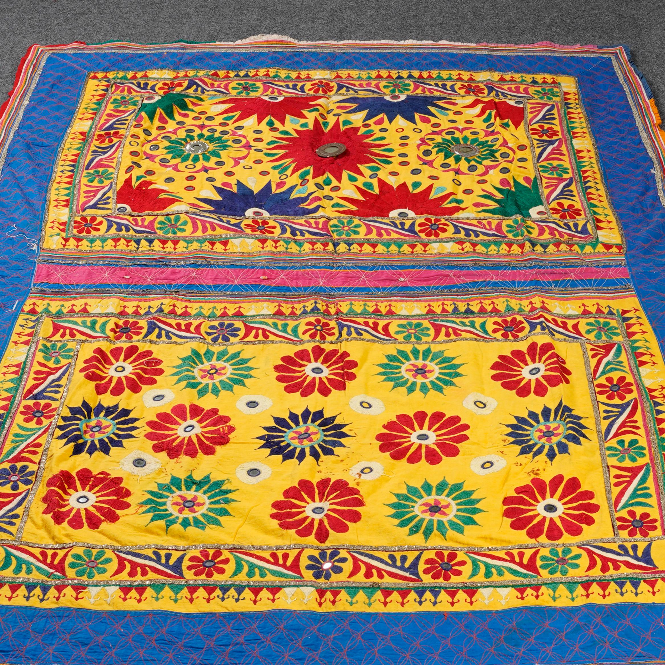 Vintage Hand Embroidered Indian Fabric Gujarati Textile Cotton Mirror work Multi Thread Wall Art Home Décor Gifts Wall Hanging Tapestry