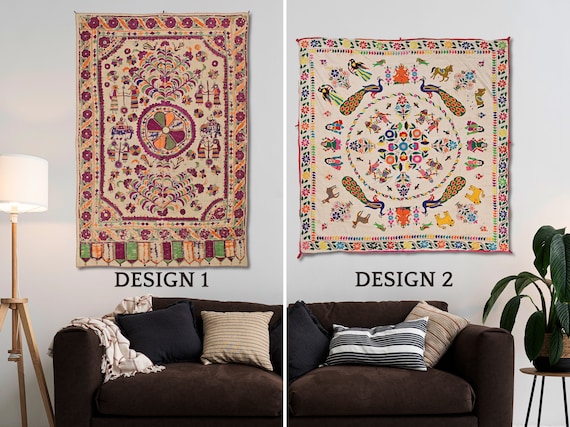 Tenture Murale Indienne Vintage Brodée Et Perlée - 60x40 Pouces - Multicolore - Coton