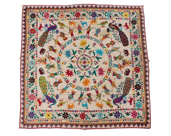Vintage Gujarati Hand Embroidered Tapestry Floral Motif Handmade Cotton Wall Hanging Art Traditional Indian Textile Tapestry Home Decor Gift
