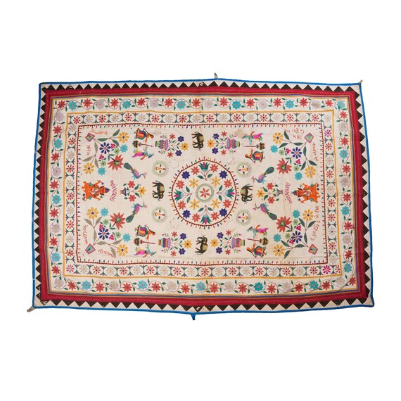 Tenture Murale Indienne Vintage - Broderie Coton Floral - 3.3x3.4 Pieds - Occasion