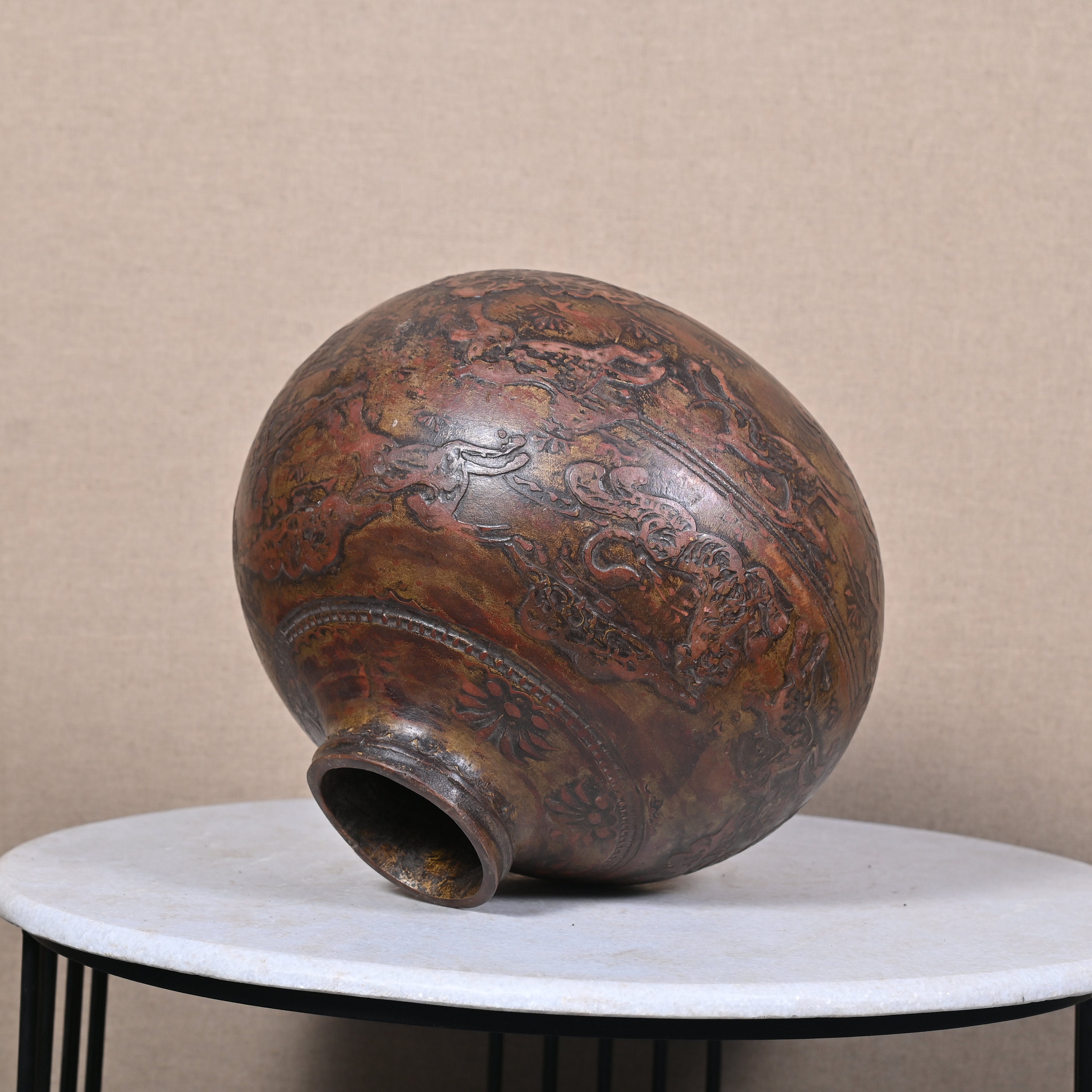 Old Hand Carved Rustic Water Pot Matka Wooden Round Matka Pot Himachal ...