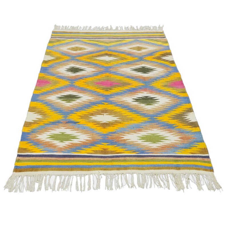 Punjabi Rug Pattern Vintage Handwoven Cotton Reversible Rugs Eco-friendly Punjabi Dhurrie ...