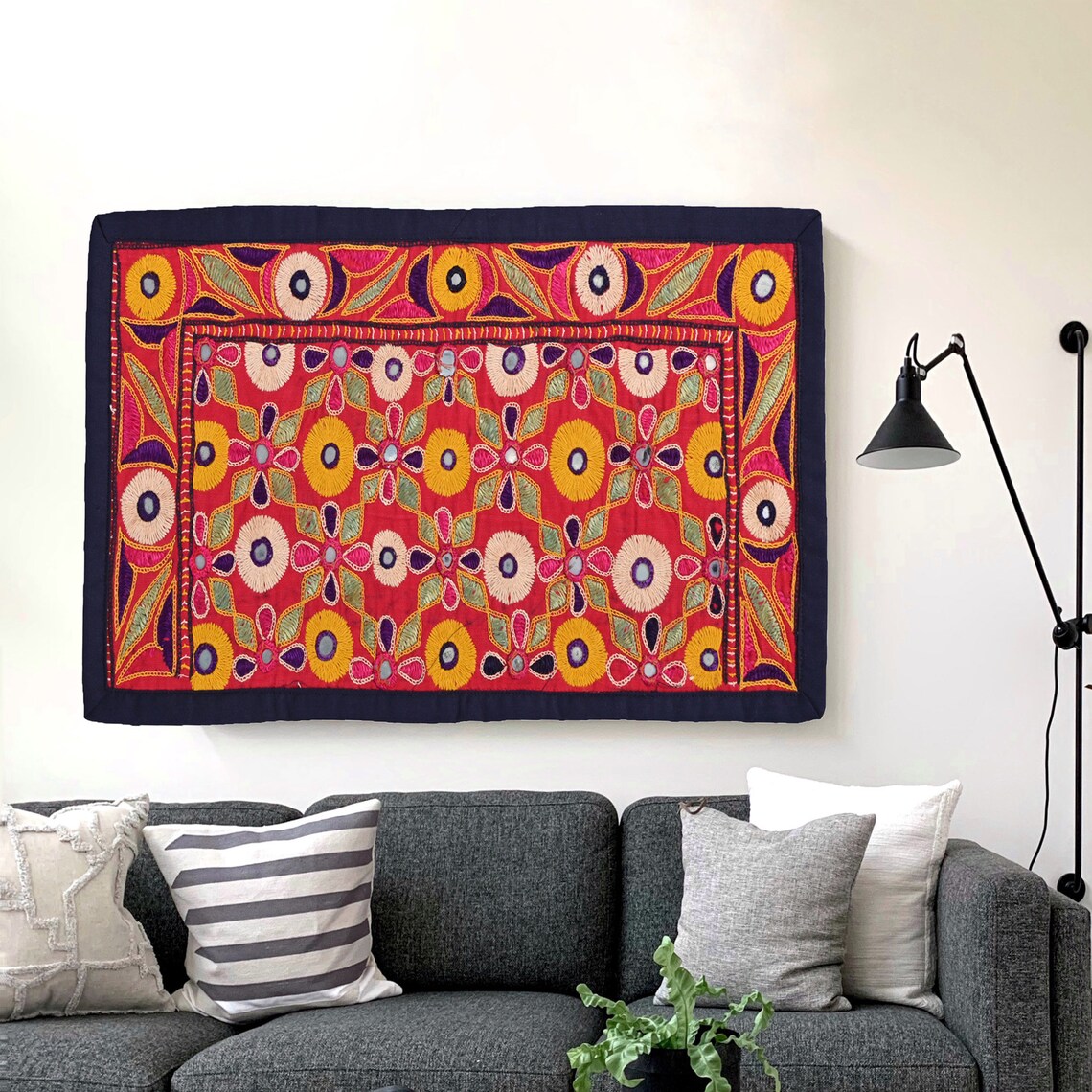 Vintage Gujarati Wall Decor Textiles Indian Cotton Hand Embroidered ... - Wall Decor Textiles For Sale