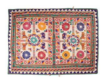 Vintage Handmade Cotton Wall Hanging Tribal Tapestry Mirror Silk Thread work 40-50 years old Embroidery Traditional Weaving Ethnic Textiles