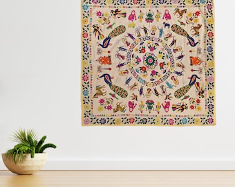 Textile Indian Traditional Embroidery Tapestry Hanging Vintage Gujarati Wall Hanging Mirror Work Painting Art Cotton Wall Hanging
