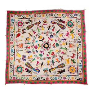 Peacock and Floral motifs hand embroidered Gujarati wall hanging Traditional vintage tapestry Living RoomDecor Indian Textile Wall decor art