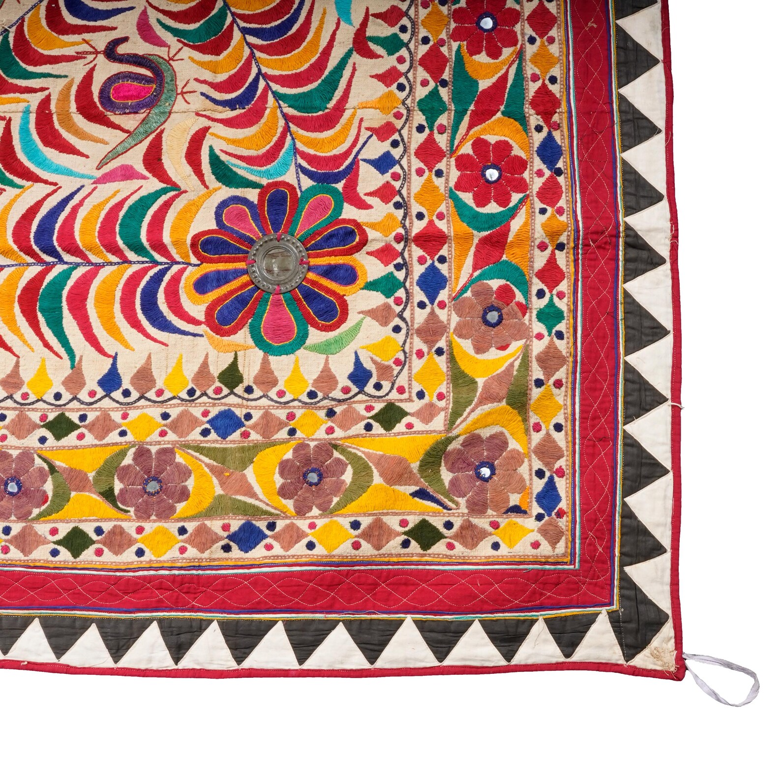 Tenture Murale Brodée Main Gujrati - Vintage Pearl Textile - 1,6x1,6 Ft - Multicolore