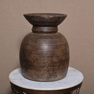 Wood Old Hand Carved Long Neck Water Dispenser Collectible Storage Vessel Statue Wood Surahi Figurines Vintage Wooden Himachal Matka Pot