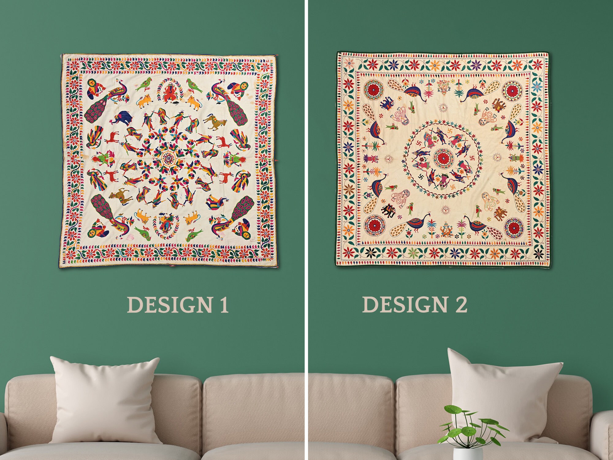 タペストリー India Tapestry, Vintage Indian Embroidered Textile, Birds and Animals