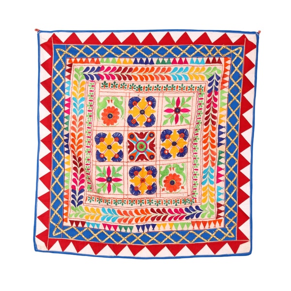 Vintage Floral motifs Gujarati Hand Embroidered Textile Traditional Handmade Wall Hanging Cotton Indian Textile Tapestry Wall Art Decor gift