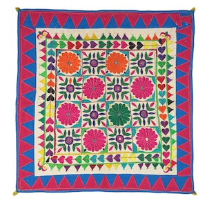 Vintage Floral Indian Gujarati Boho Textile Traditional Hand Embroidered Wall Hanging 30-40 years old Cotton Wall decor tapestry gift item