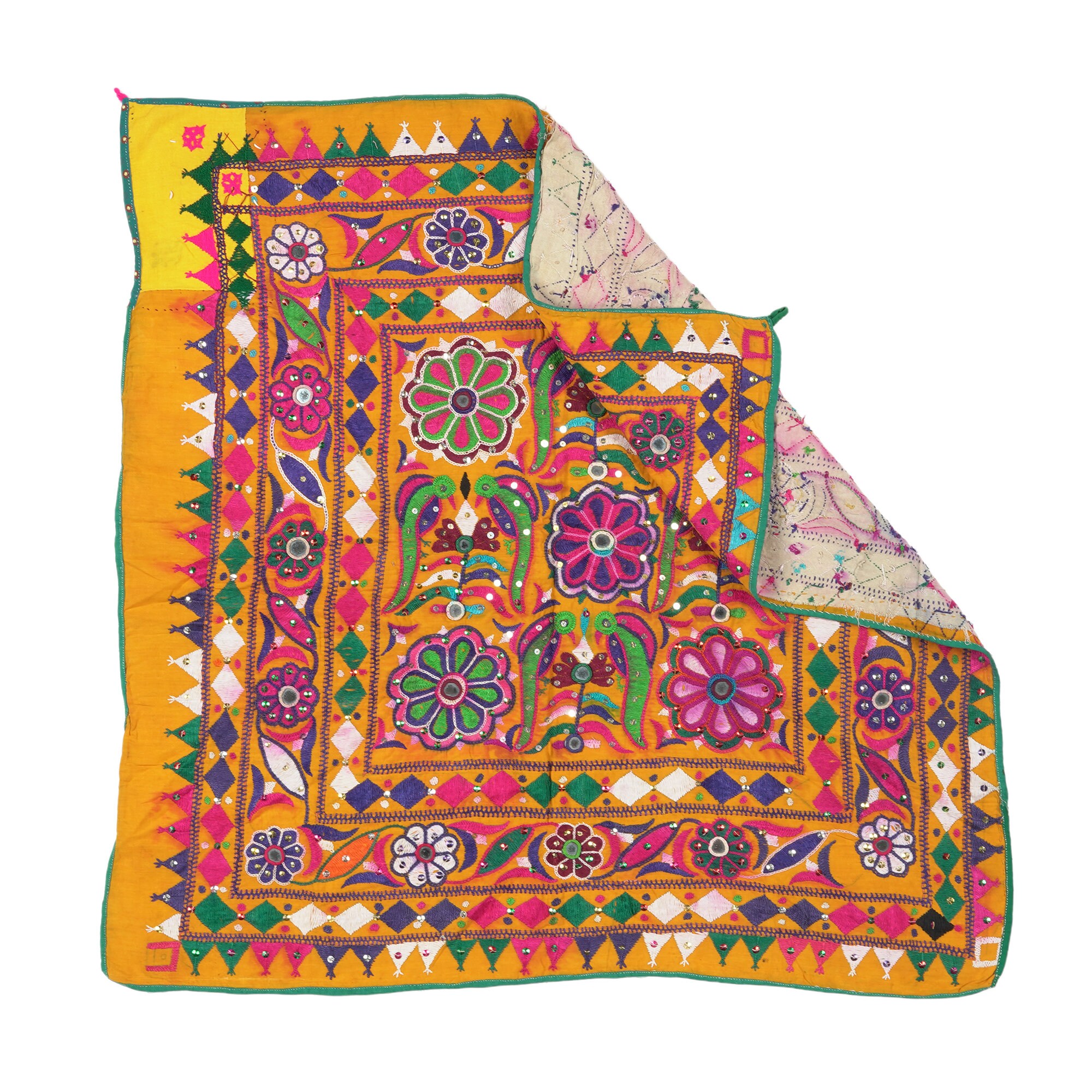 Kantha Art, soie brodée à la main, scène de village du