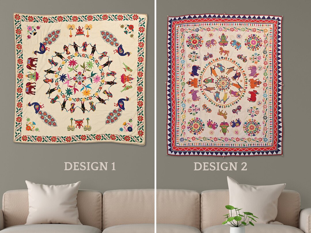 Tenture Murale Indienne En Patchwork 100% Coton - Déco Ethnique Blanc Et Multicolore