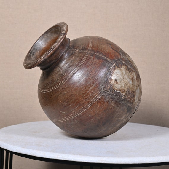 Old Hand Carved Rustic Water Pot Matka Wooden Round Matka Pot