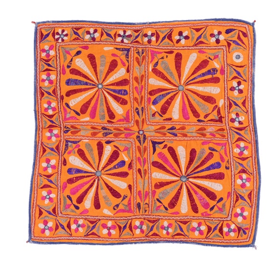 Tapisserie Murale Ronde Indienne Vintage - Brodée Main - Miroirs - Coton Multicolore 1,3x1,3 Ft